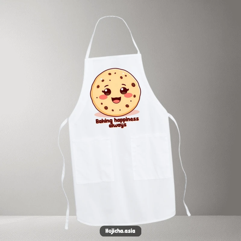 Funny kitchen apron featuring an adorable hojicha cookie with a beaming, wide smile, ideal for baking fun.