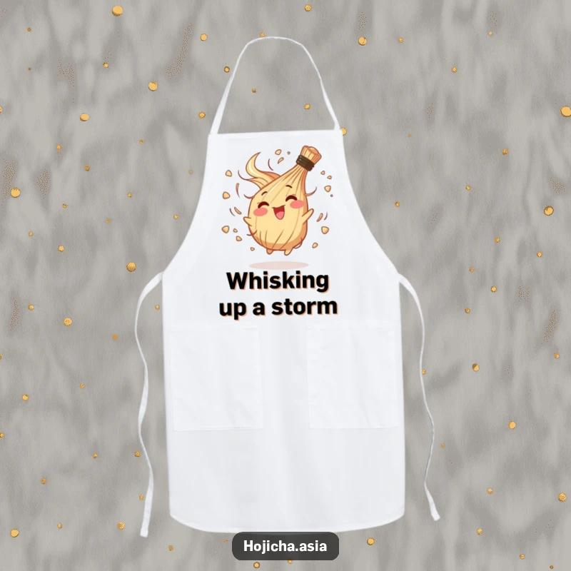 Funny kitchen apron featuring a hojicha whisk in a chaotic, joyful spin, ideal for culinary fun.