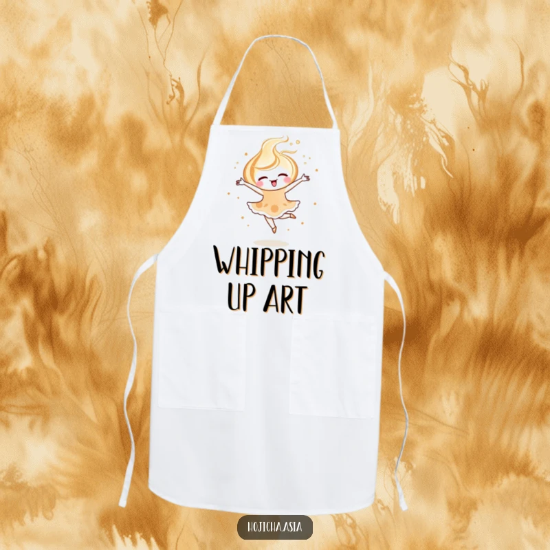 Funny hojicha latte art apron with a joyful swirl performing a ballet pirouette, perfect for elegant cooking.