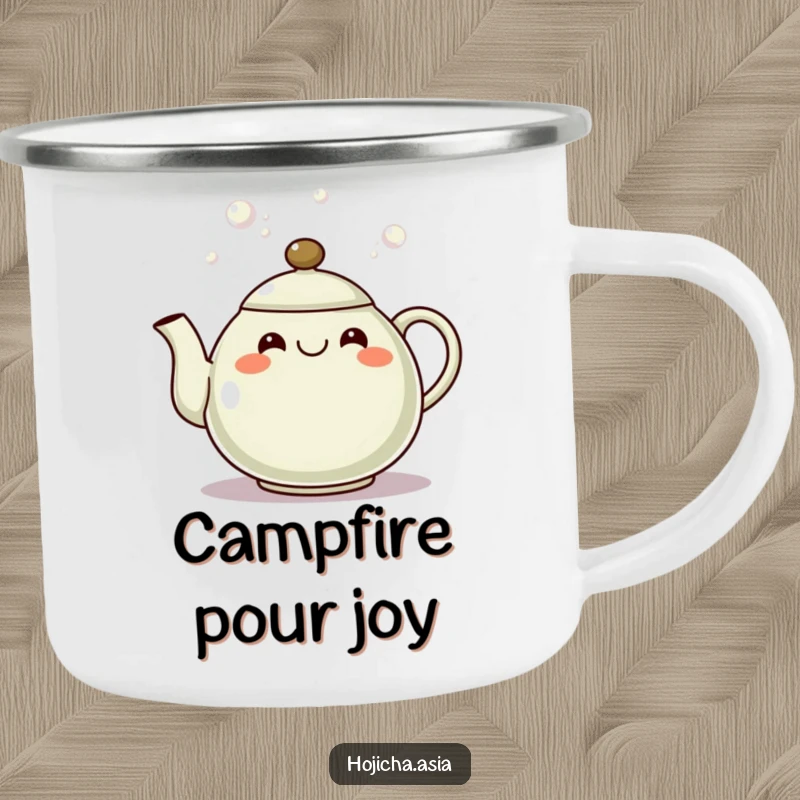 Funny hojicha teapot camping mug featuring a grinning spout pouring bubbles, ideal for outdoor enjoyment.