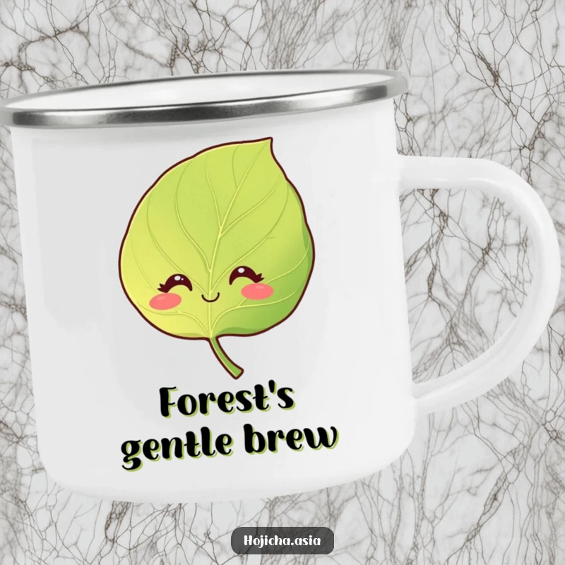 Funny enamel camping mug featuring a smiling hojicha leaf with gentle, curious eyes, for outdoor excursions.