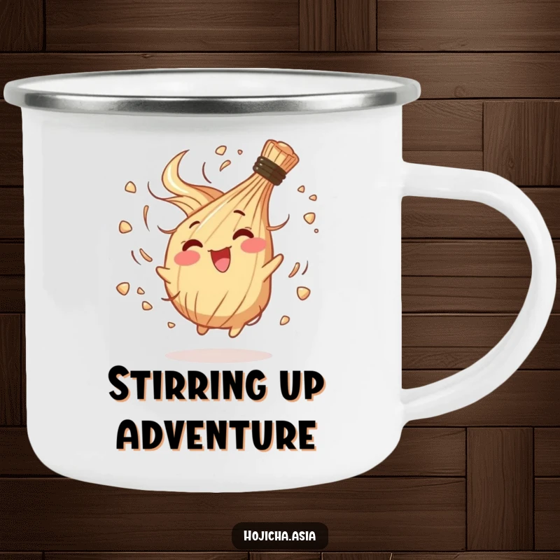 Funny enamel camping mug featuring a happy hojicha whisk in a chaotic, joyful spin, for adventurous brews.