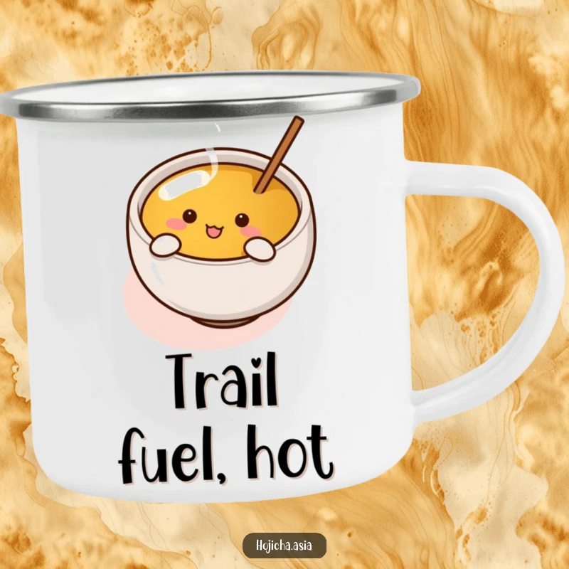 Funny hojicha cup with tiny arms enthusiastically stirring tea, designed for outdoor use on a humorous camping mug.
