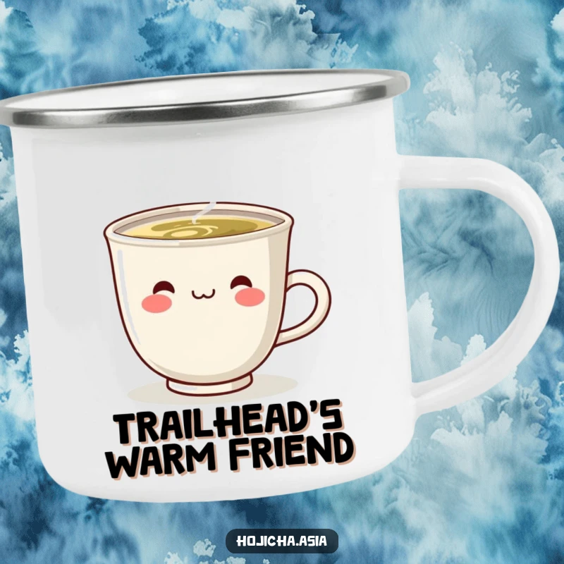 Funny enamel camping mug with a steaming hojicha cup showing a cute, happy smile, perfect for adventures.