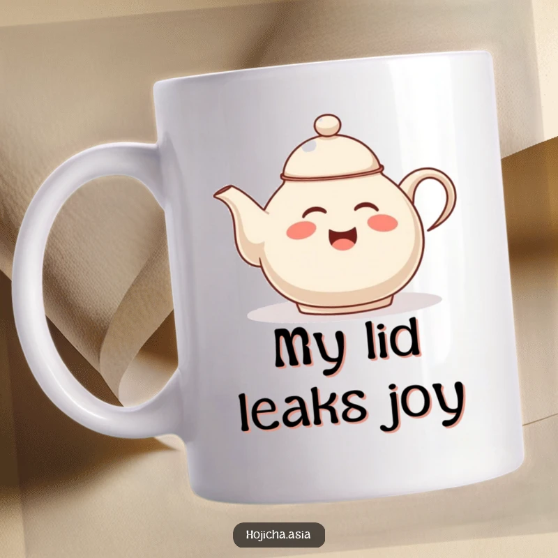Funny hojicha teapot mug, giggling and tipping its lid in amusement, showcasing playful tea-time humor.