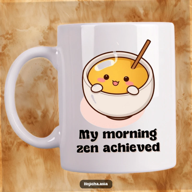 Funny hojicha cup stirring tea with tiny arms, depicted with energetic glee on this humorous mug.