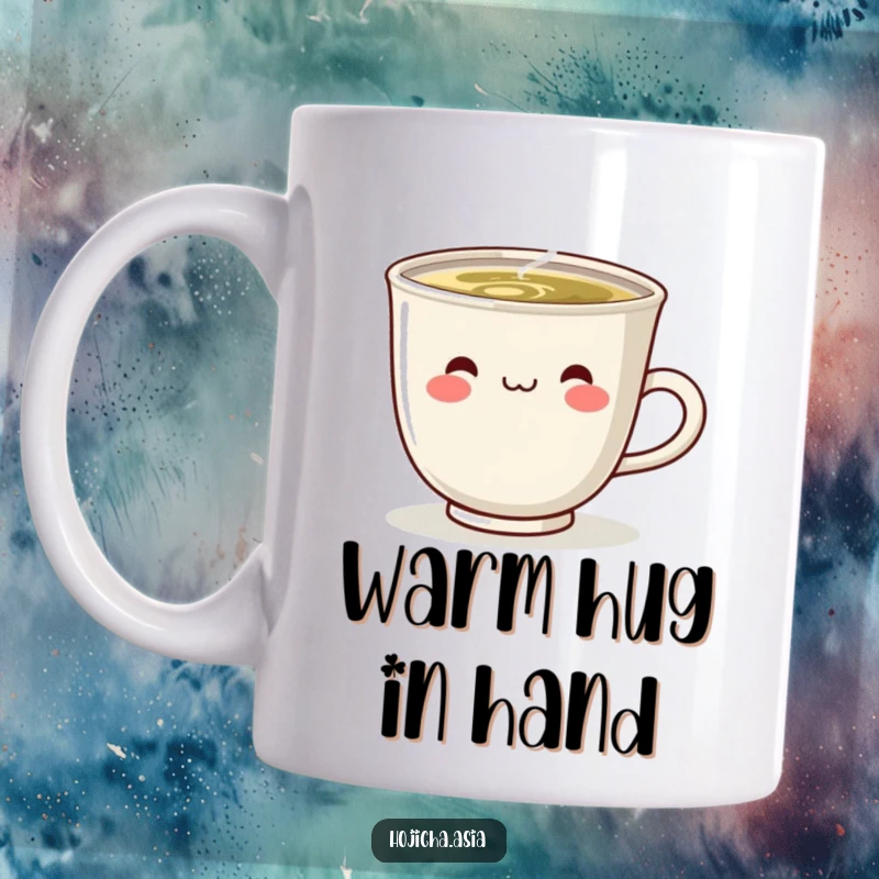 Funny hojicha tea cup mug with steam rising, sporting a cute, delightful smile, radiating warmth and happiness.