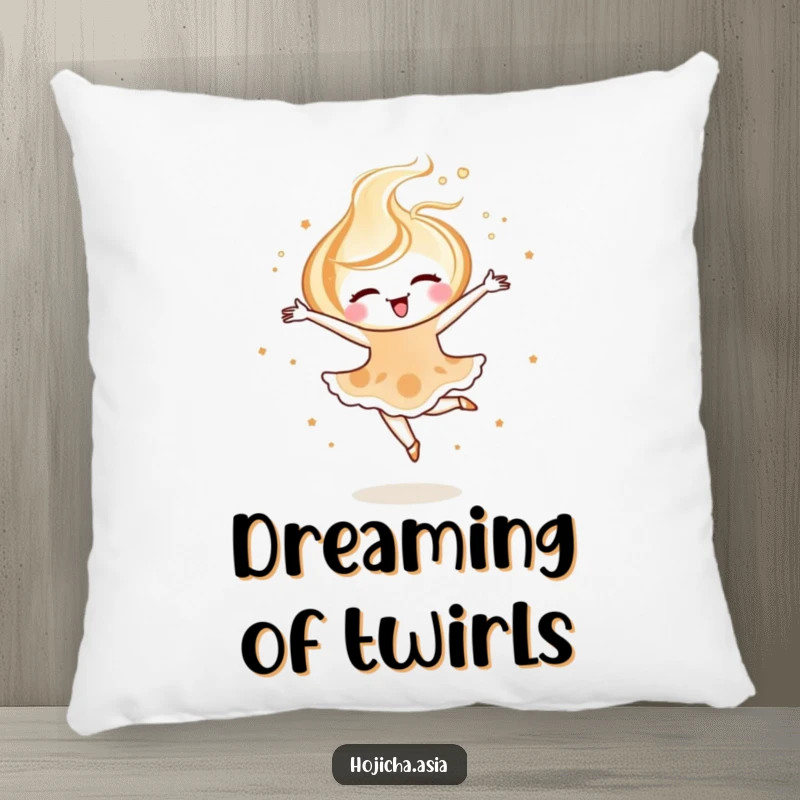 Funny hojicha latte art pillow featuring a joyful swirl pirouetting, adding an elegant touch to decor.