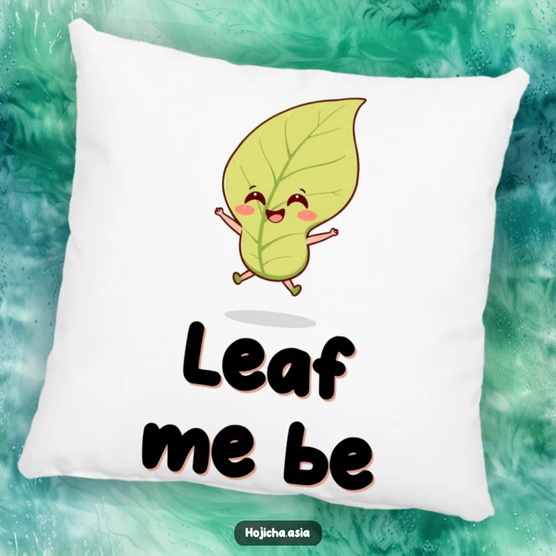 Funny hojicha tea leaf pillow featuring a happy jumping leaf in a breeze, adding a cheerful touch to decor.