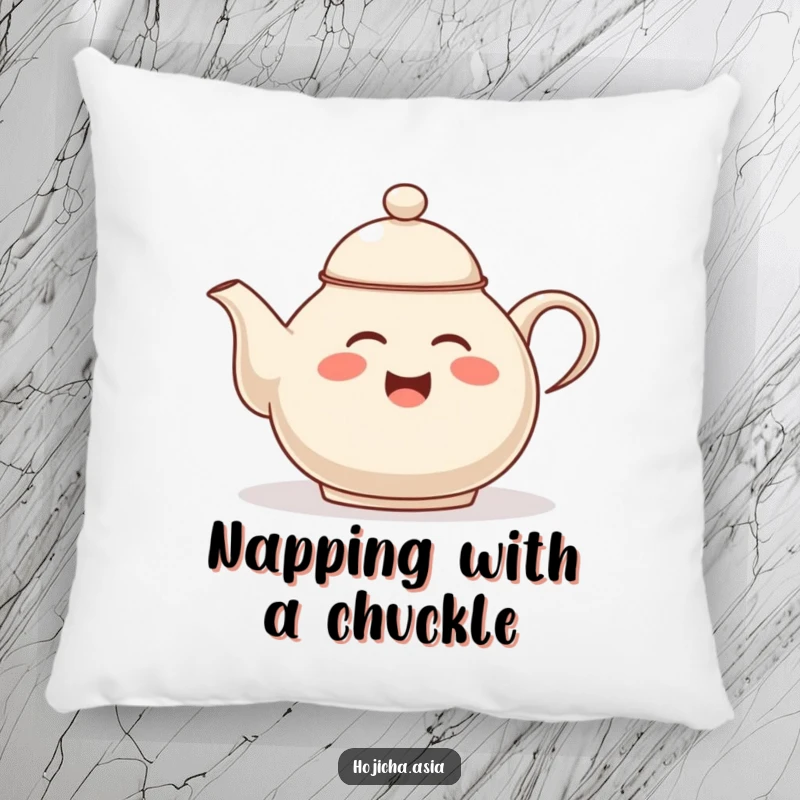 Funny hojicha teapot pillow, giggling and tipping lid, plush comfort with a humorous tea-themed design.