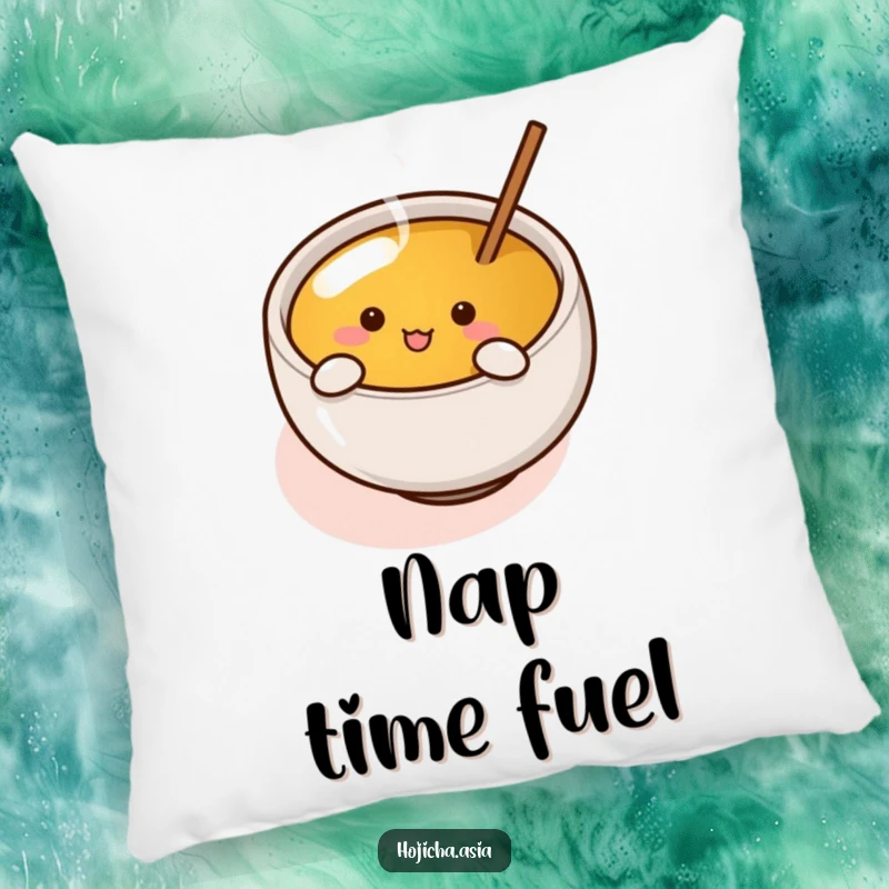 Funny hojicha cup with tiny arms enthusiastically stirring tea, depicted on a soft and cozy decorative pillow.