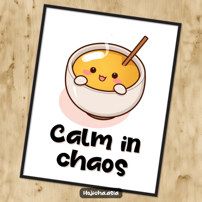 Funny hojicha cup with tiny arms enthusiastically stirring tea, available as a downloadable humorous digital art print.