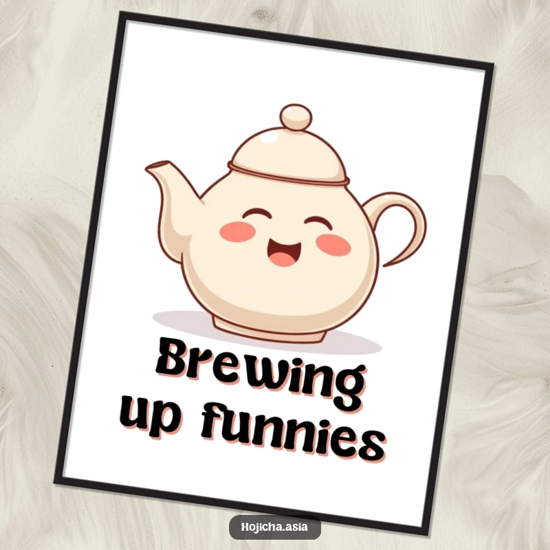 Funny hojicha teapot digital art print, giggling and tipping lid, printable artwork conveying whimsical tea-time humor.