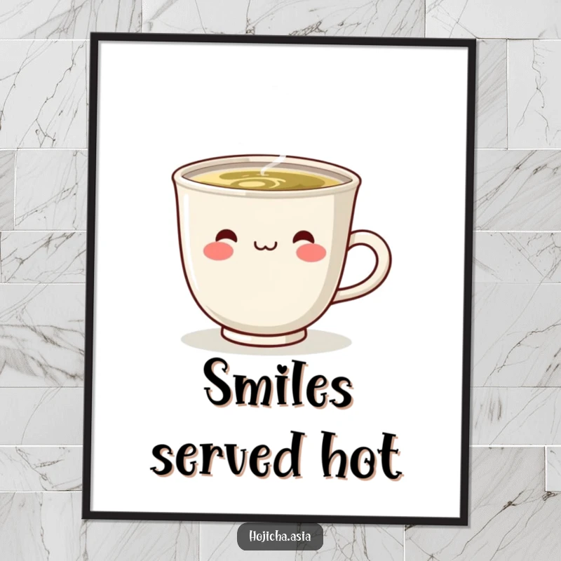 Funny digital art print of a cute, steaming hojicha cup with a wide, happy smile, perfect for cheerful decor.