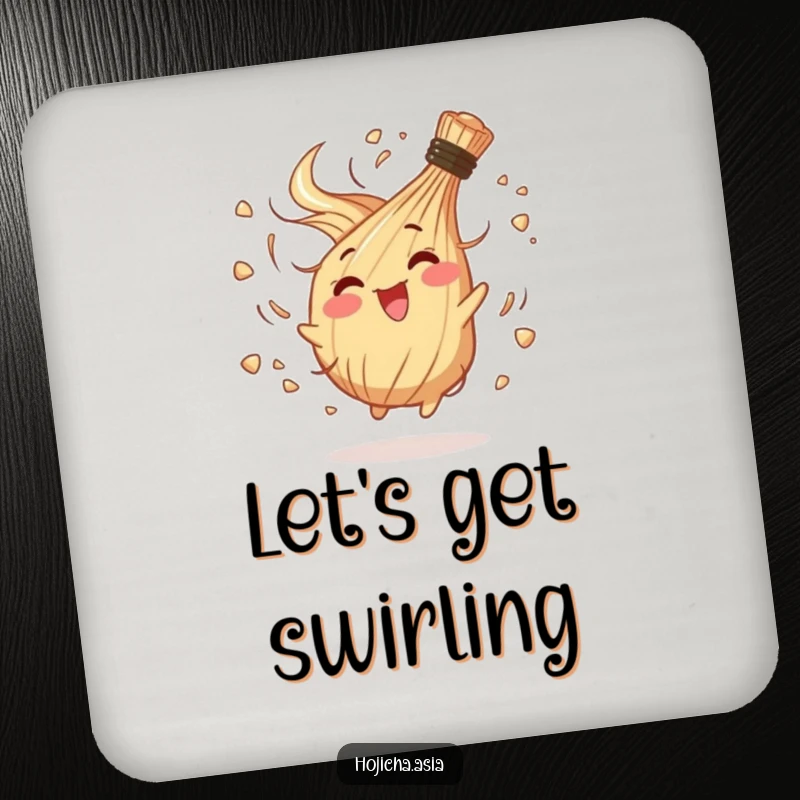 Funny drink coaster with a hojicha whisk in a chaotic, joyful spin, protecting surfaces with energy.