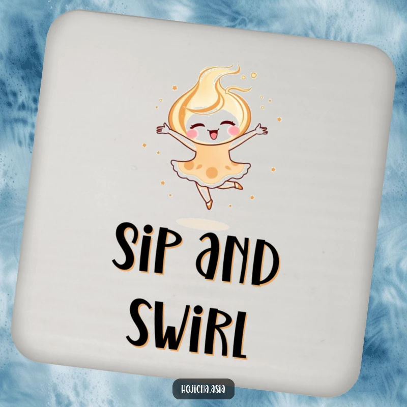 Funny hojicha latte art coaster set with a joyful swirl pirouetting, adding elegant flair.