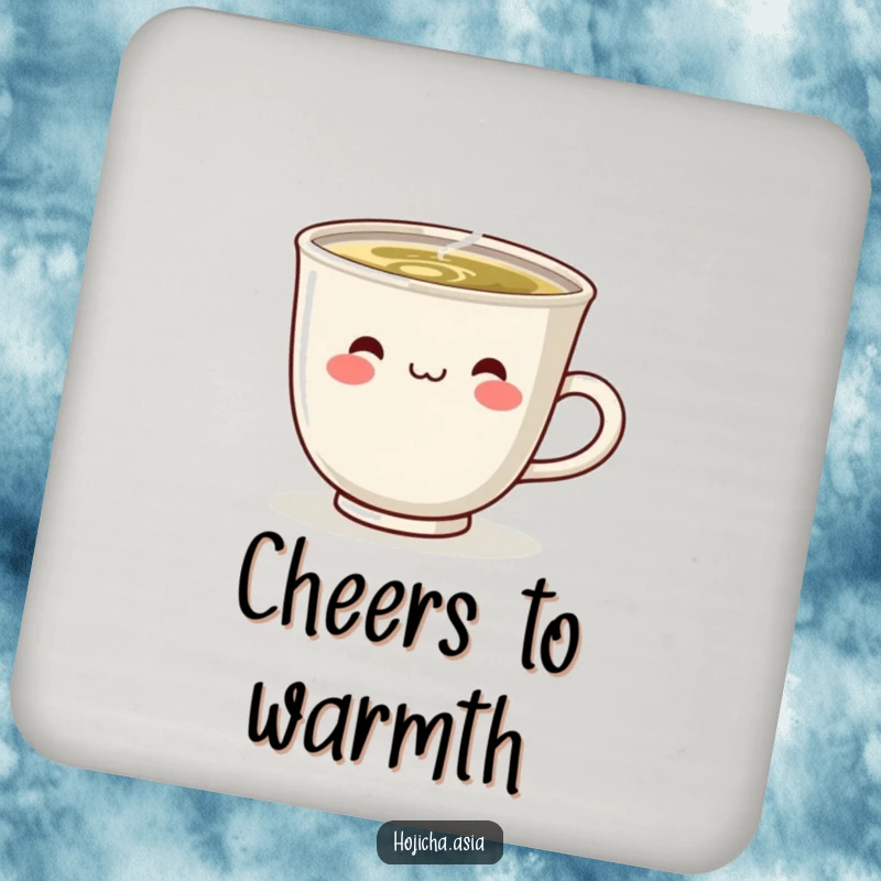 Funny drink coaster featuring a steaming hojicha cup with a cute, broad smile, protecting surfaces charmingly.