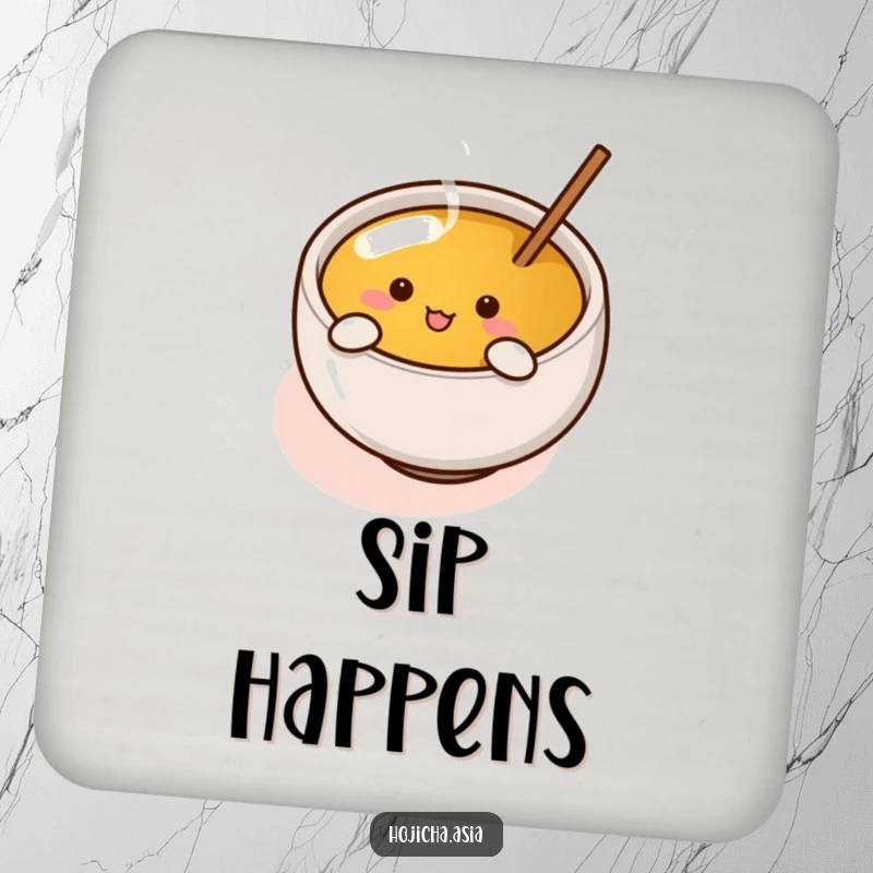 Funny hojicha cup with tiny arms enthusiastically stirring tea, printed on a protective and humorous drink coaster.