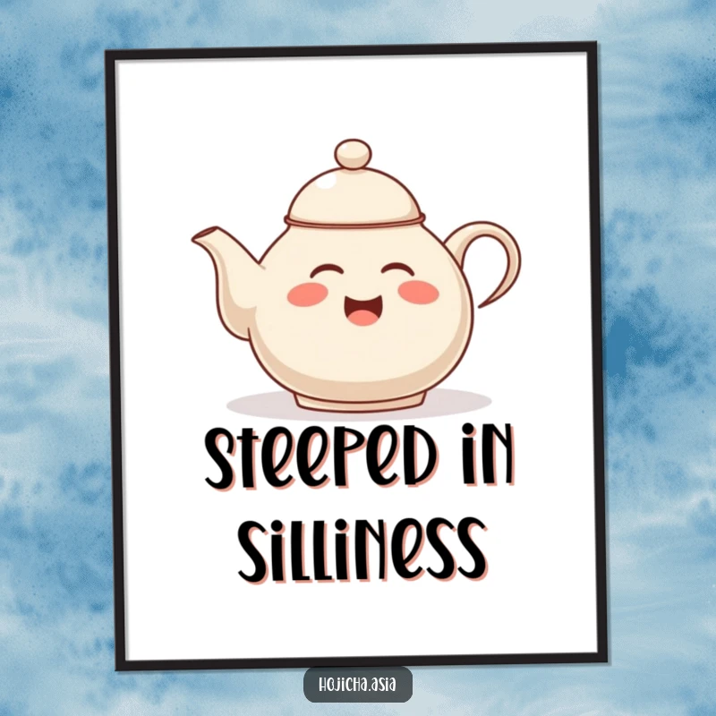 Funny hojicha teapot poster, giggling and tipping lid, vibrant wall art capturing tea-time amusement.