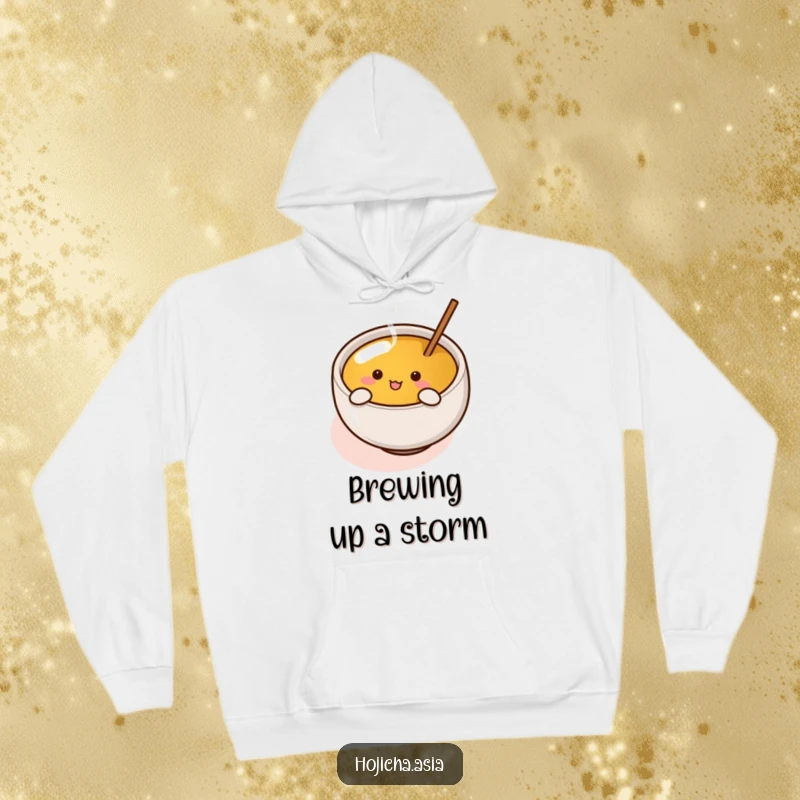 Funny hojicha cup with tiny arms enthusiastically stirring tea, printed on a soft, warm, and humorous hoodie.