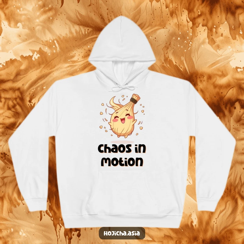 Funny warm hoodie featuring a happy hojicha whisk in a chaotic, joyful spin, representing playful energy.