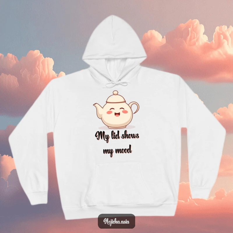 Funny hojicha teapot hoodie, giggling and tipping lid, a cozy and amusing wearable piece of art.