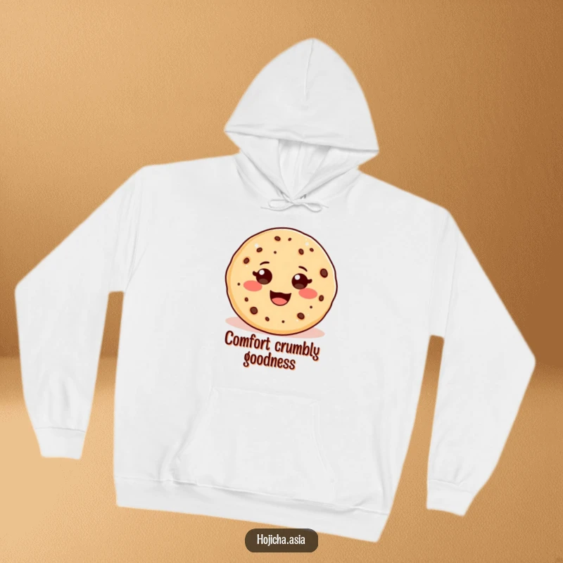 Funny warm hoodie featuring an adorable hojicha cookie with a beaming, wide smile, symbolizing comfort and joy.