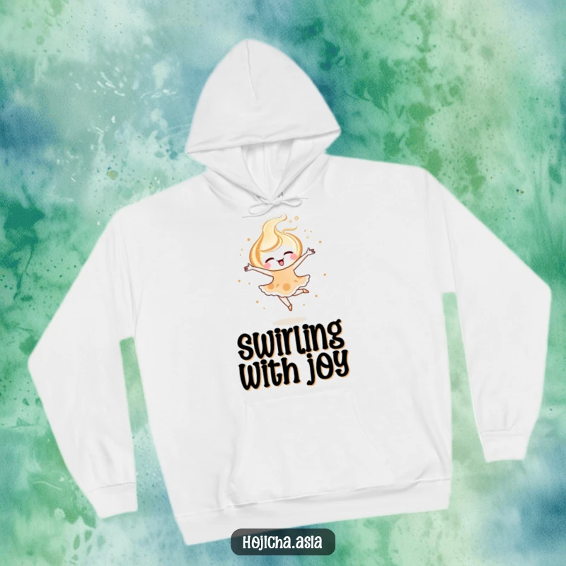 Funny hojicha latte art hoodie featuring a joyful swirl performing a ballet pirouette, for cozy, stylish wear.