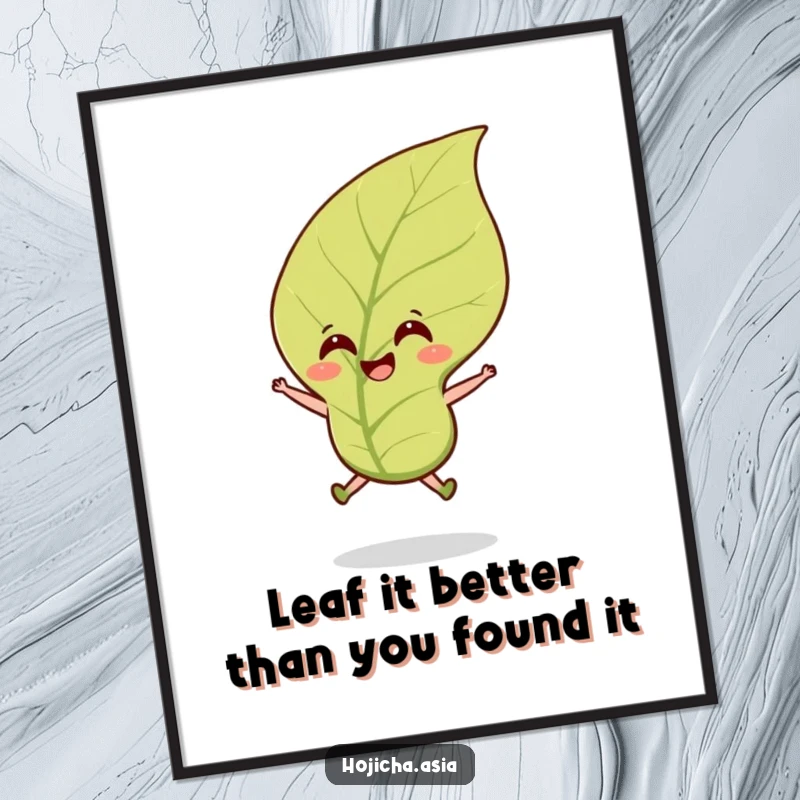 Funny Free Printable Wall Art depicting a smiling hojicha tea leaf joyfully leaping upwards in a gentle, refreshing breeze.