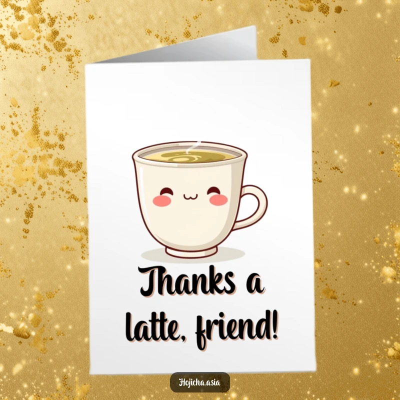 Funny Free Printable Thank You Card: A smiling, steaming hojicha cup sending warm thanks and gratitude.
