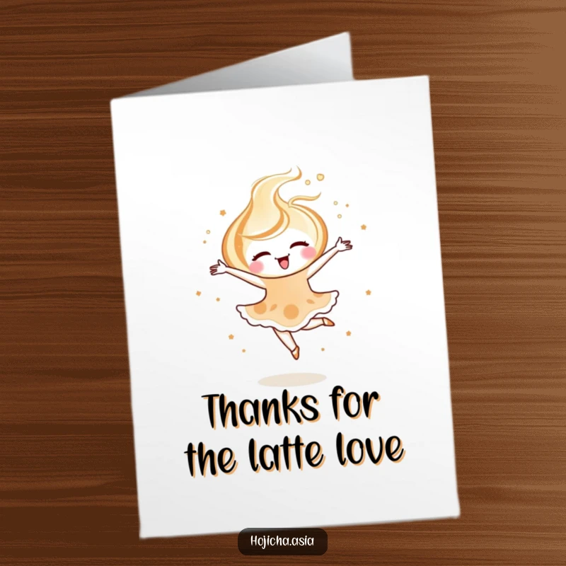 Funny Free Printable Thank You Card of a joyful hojicha latte art swirl performing a delicate and thankful ballet pirouette.