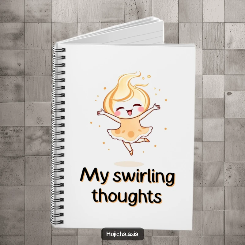 Funny hojicha latte art notebook with a joyful swirl pirouetting, perfect for capturing elegant thoughts.