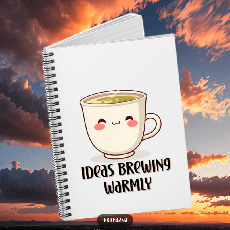 Funny notebook featuring a steaming hojicha cup with a delightful smile, ideal for journaling and note-taking.