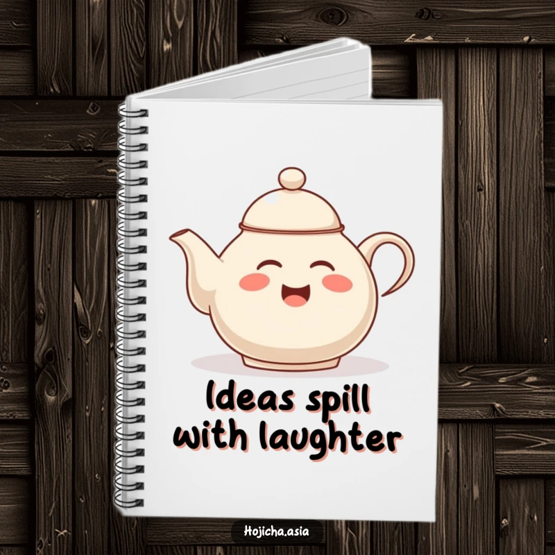 Funny hojicha teapot notebook, giggling and tipping lid, ideal for jotting down amusing thoughts and ideas.