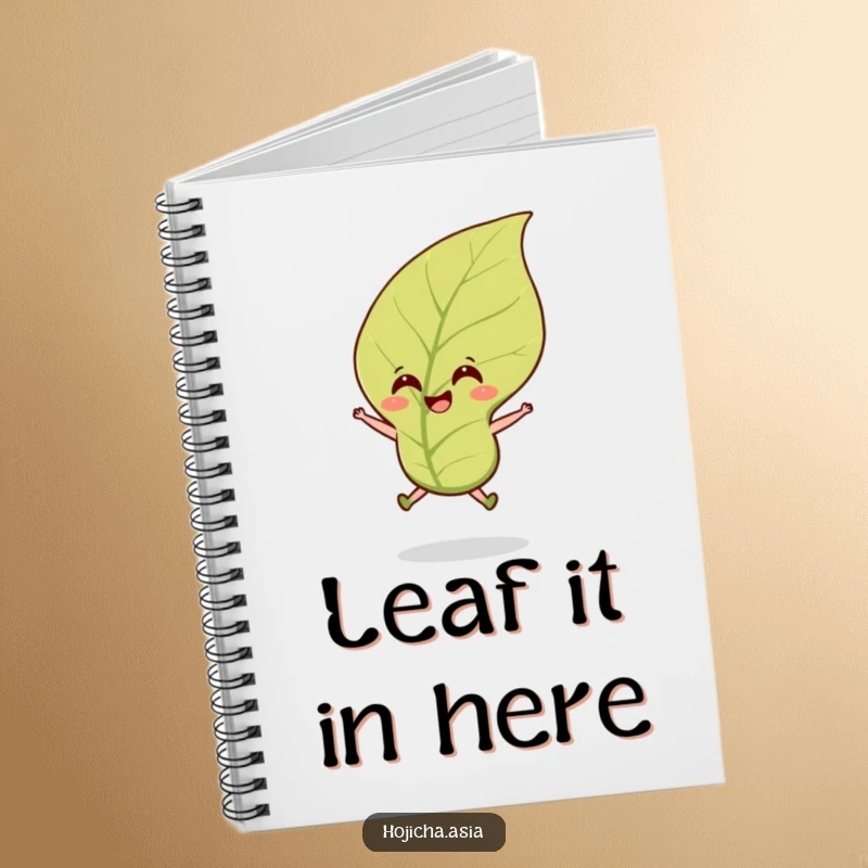 Funny hojicha tea leaf notebook with a cheerful jumping leaf design, perfect for capturing bright thoughts.