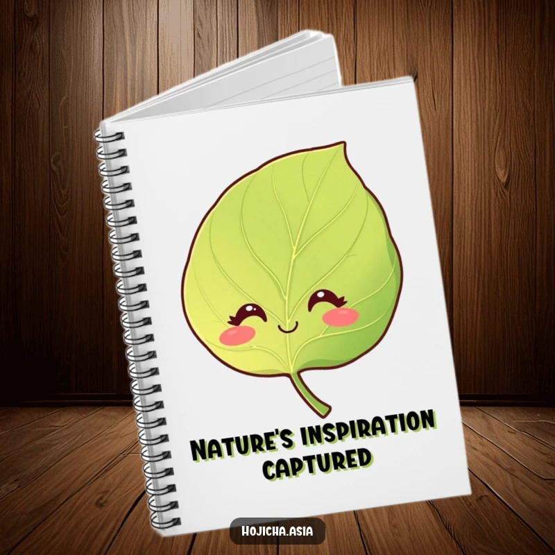 Funny notebook with a smiling hojicha leaf and gentle eyes, ideal for journaling and creative writing.