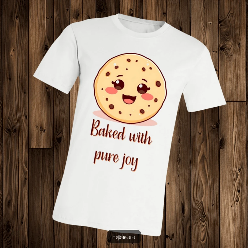 Funny graphic t-shirt of an adorable hojicha cookie with a big, beaming smile, embodying happiness and treats.