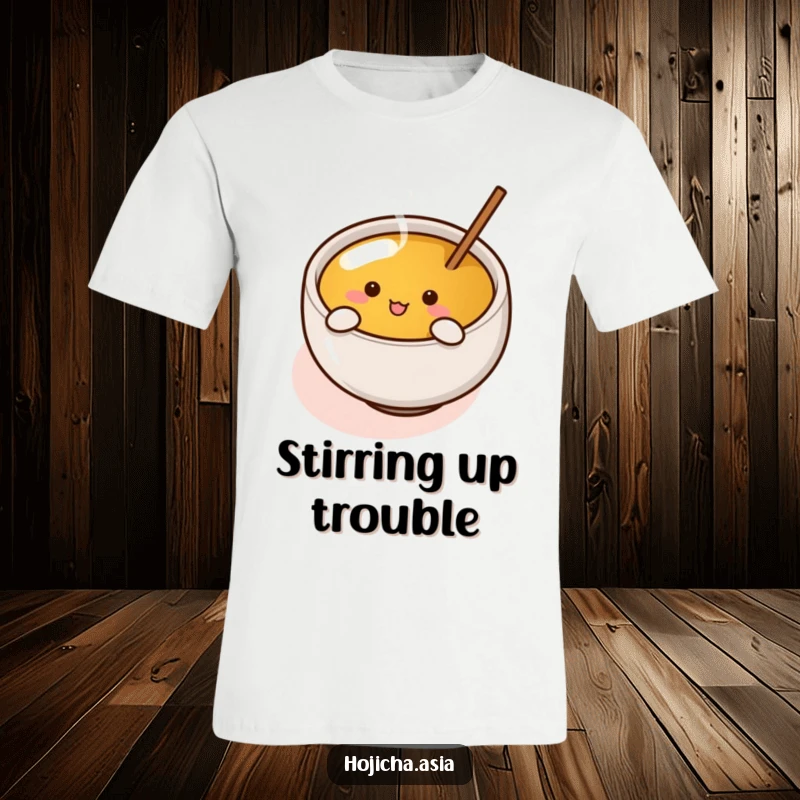 Funny hojicha cup with tiny arms enthusiastically stirring tea design on a comfortable, humorous t-shirt.