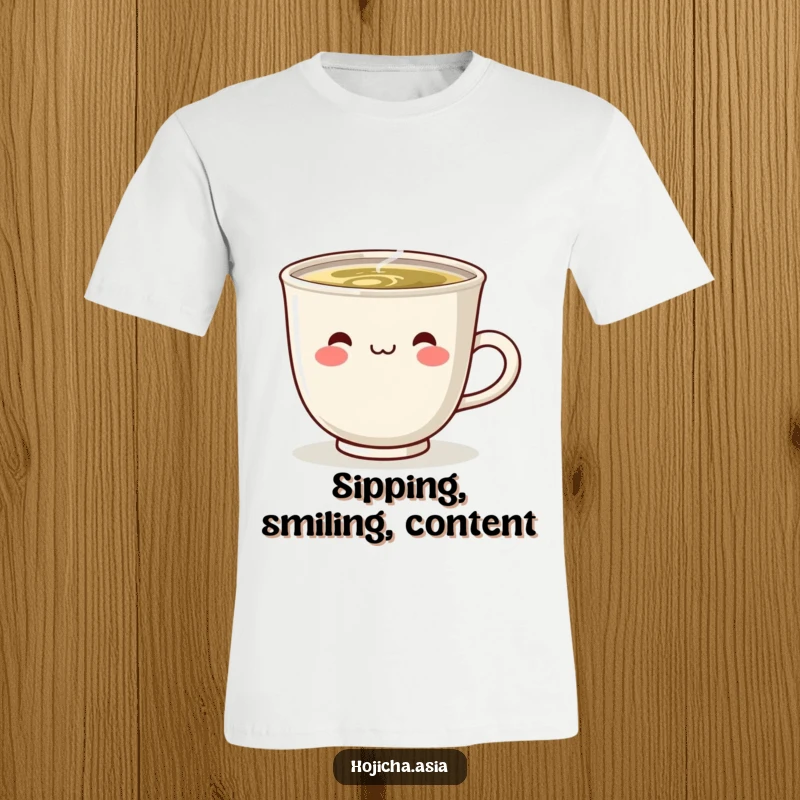 Funny graphic t-shirt of a steaming hojicha cup with a cute, happy smile, perfect for tea lovers.