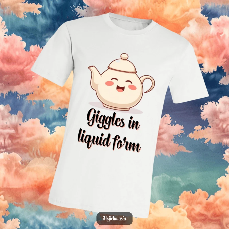 Funny hojicha teapot t-shirt, giggling and tipping its lid, expressing immense amusement and tea-themed fun.