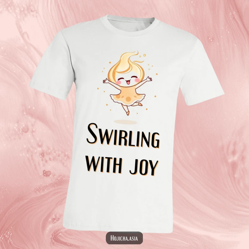 Funny hojicha latte art t-shirt depicting a joyful swirl in a delicate ballet pirouette, celebrating artistic grace.