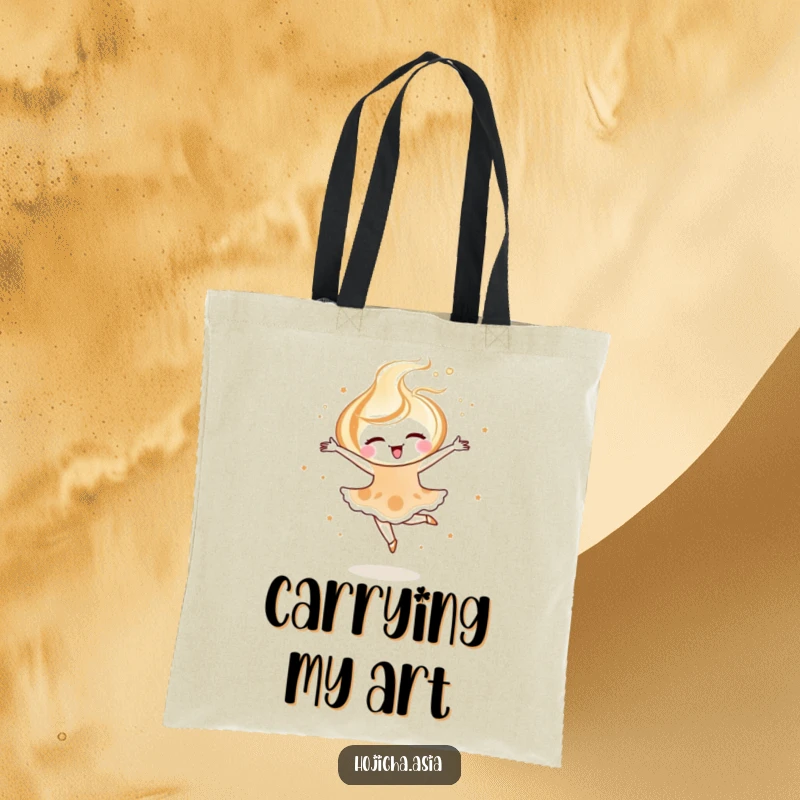 Funny hojicha latte art tote bag with a joyful swirl doing a ballet pirouette, for stylish errands.