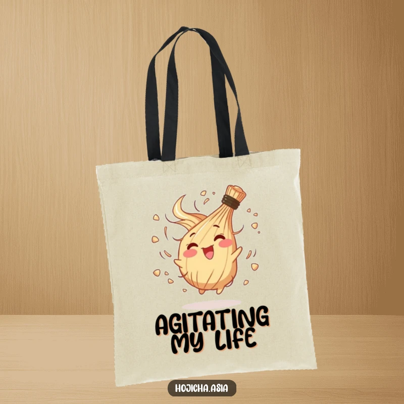 Funny tote bag showcasing a hojicha whisk in a delightful, chaotic spin, perfect for carrying essentials lively.