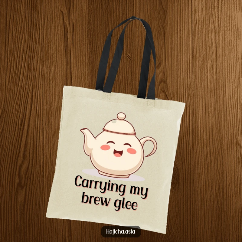 Funny hojicha teapot tote bag, giggling and tipping lid, a humorous and practical accessory for daily use.