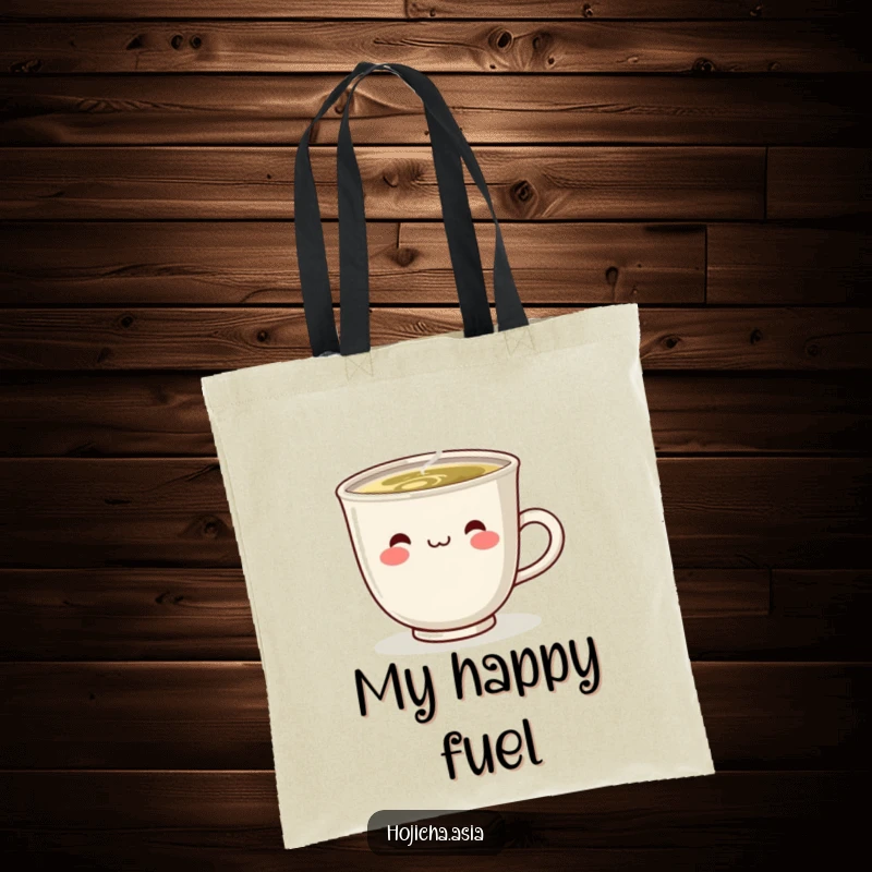 Funny tote bag depicting a cute, steaming hojicha cup with a wide, happy smile, perfect for daily use.