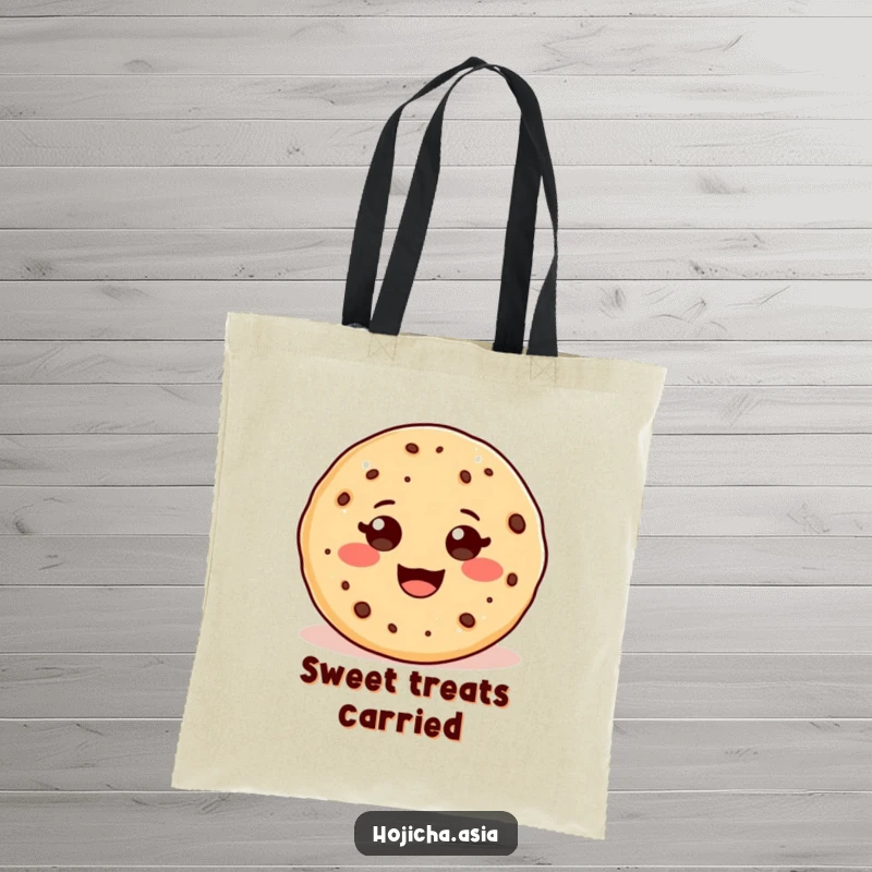 Funny tote bag depicting an adorable hojicha cookie with a beaming, wide smile, perfect for carrying goodies.